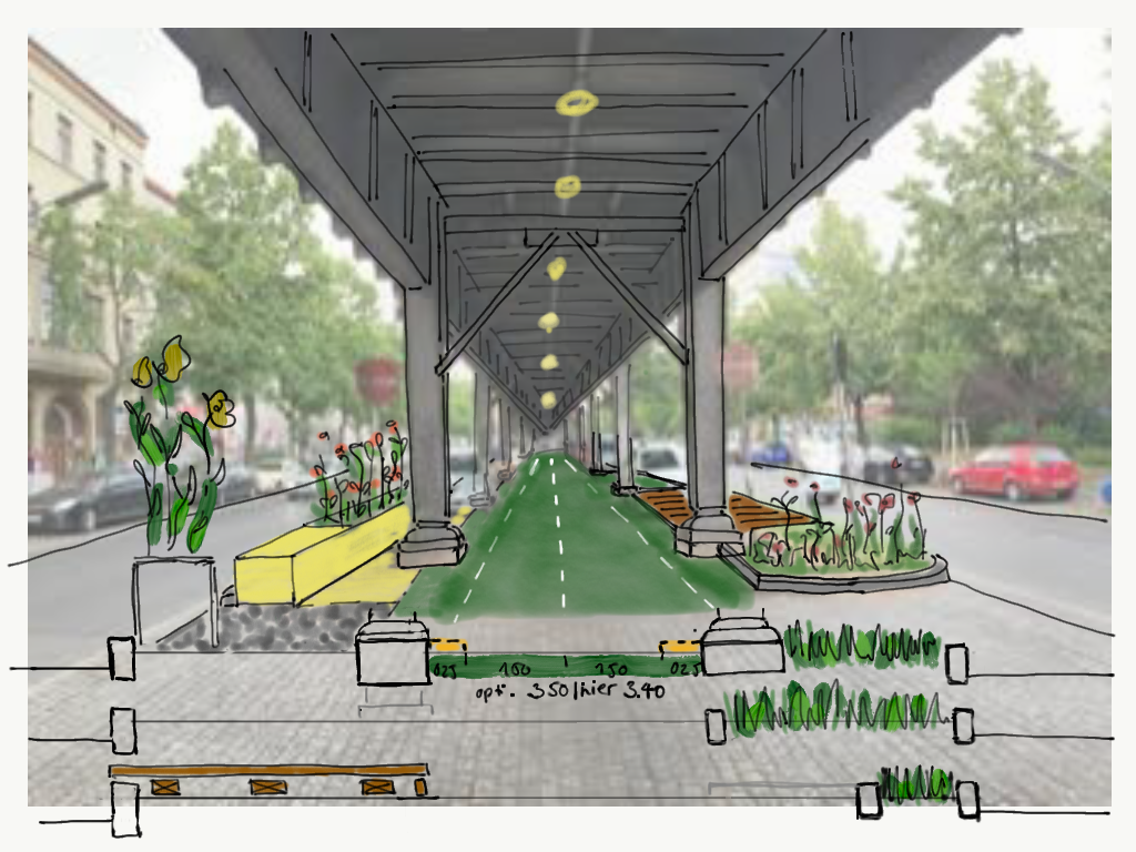 Skizze, die aufzeigt wie der Raum unter dem Viadukt aussehen könnte: Sitzgelegenheiten am Rand sowie Pflanzenkübel mit Grün.