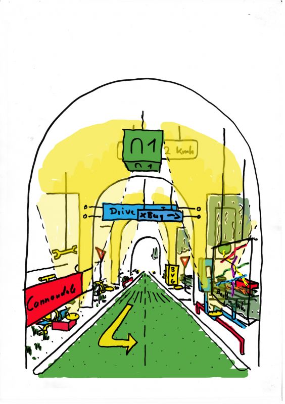 Handskizze des Raumes unter dem U-Bahnbogen. Ein wildes Sammelsurium an Ideen für die zukünftige Teststrecke wird hier abgebildet: links findet sich eine DIY-Reparaturstation; am Boden Strahler, die die Decke des Viadukts erhellen, in der Mitte einen grünen Fahrradweg, rechts einen interaktiven Wege- und Stadtplan, zahlreiche Schilder mit Wegbeschreibugnen und einen Ticketautomaten der BVG sieht man im hintergrund ebenso.