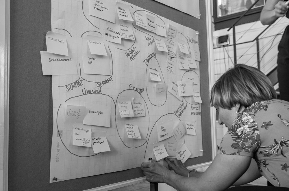 Szene einer Arbeitssession. Eine Frau klebt bunte, beschriebene Papierzettel an eine Pinnwand.