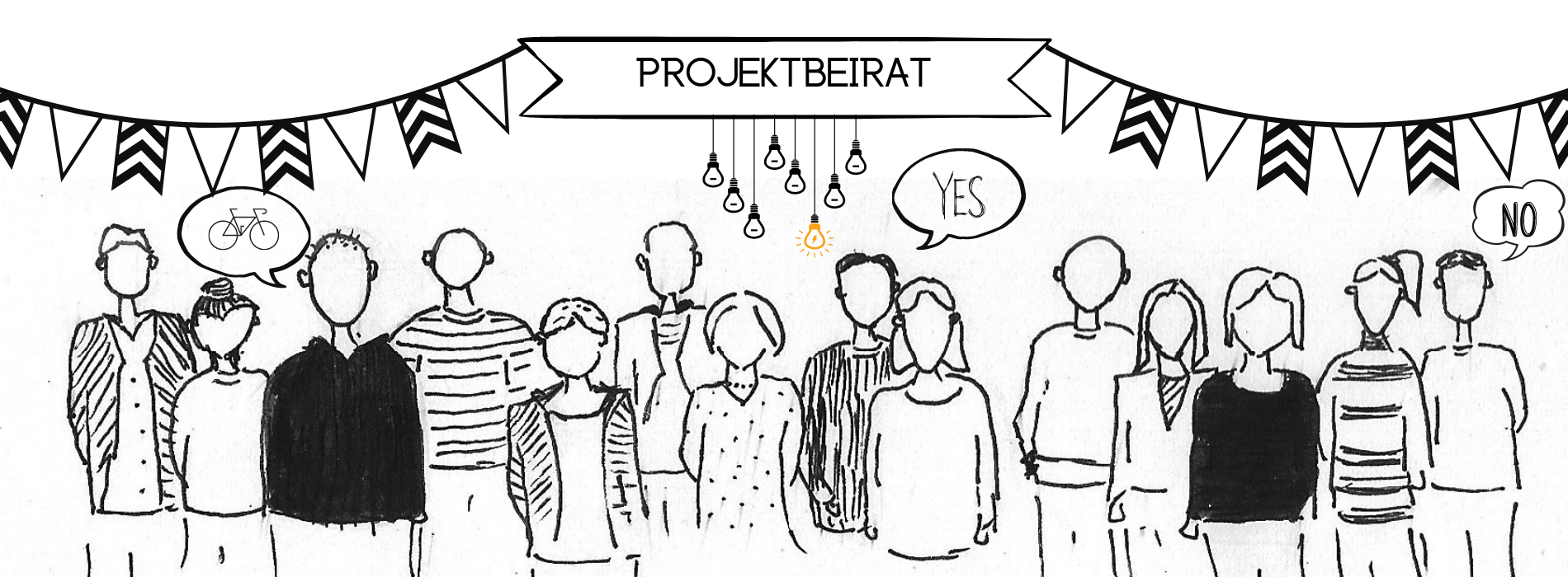 Stiftzeichnung des Projektbeirats. Die Figuren sind schemenhaft und ohne Gesicht dargestellt. Sprechblasen lassen erkennen, dass Meinungen und das Thema 