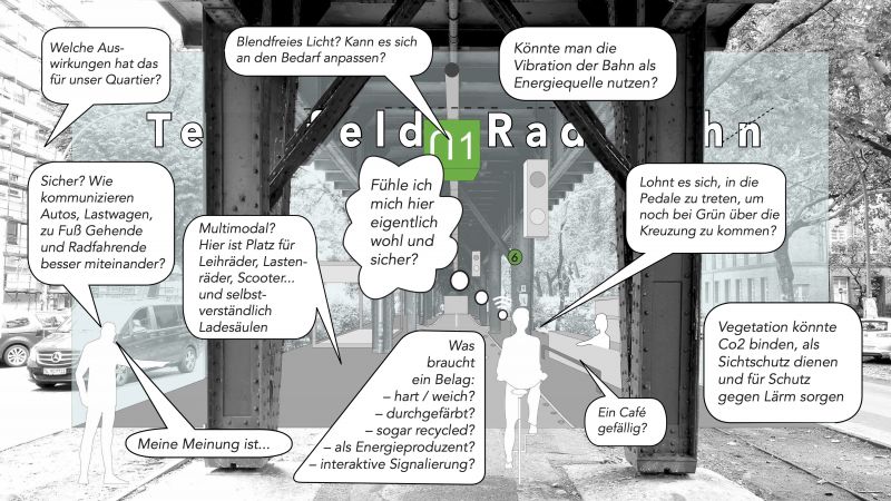 Auf ein Foto, das den langen Tunnel unter der Hochbahn zeigt wurde mit einem Grafikprogramm ein Fahrradfahrer und ein an der Seite stehender Passant eingezeichnet, die sich viele Fragen zum Radbahn-Projekt stellen. Diese sind in Sprech- und Gedankenblase abgebildet.