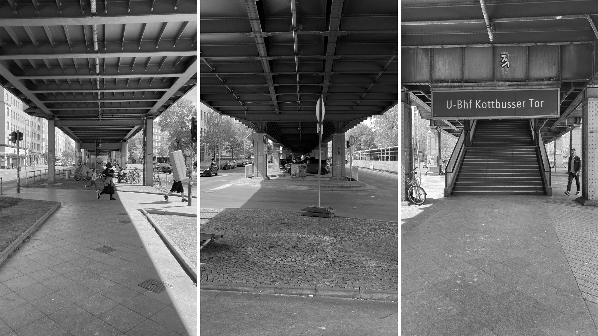 Ein Bild, das sich aus drei Fotografien zusammensetzt. Alle zeigen den momentan Zustand unter der Hochbahn rund um das zukünftige Radbahn-Testfeld. Der Ort ist sehr trist. Menschen halten sich hier nicht auf; sondern nutzen den Raum nur als Durchgang beim Queren der Straße. Dreck und Taubenkot machen den Ort ebfalls nicht lebenswert.