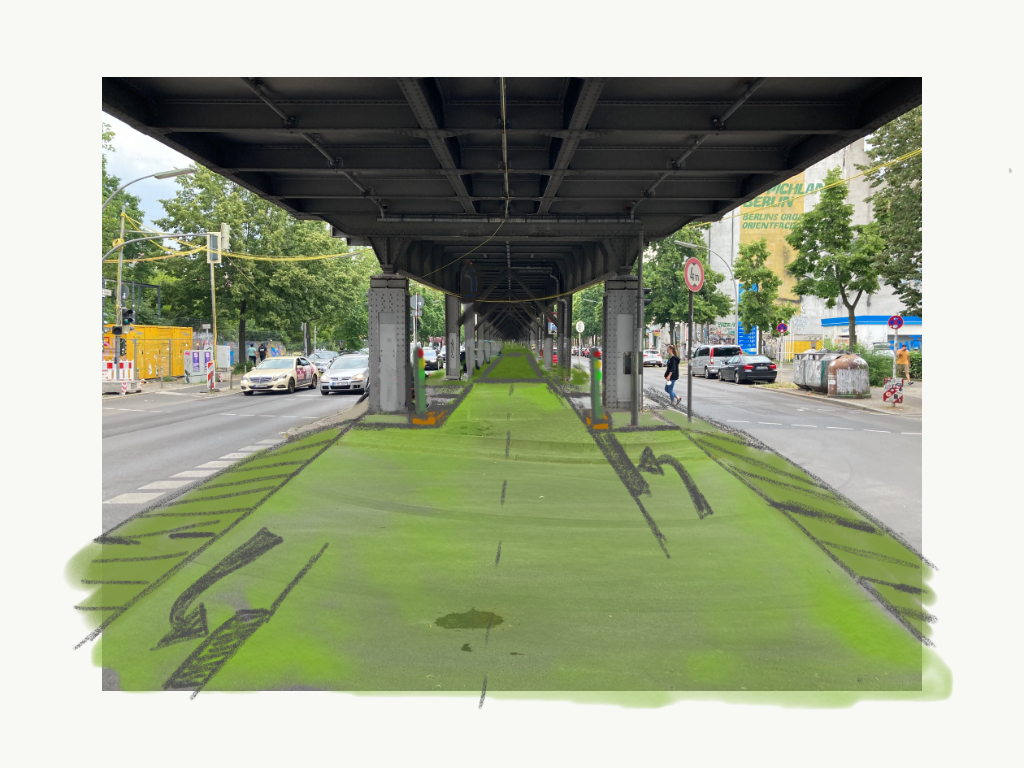 Skizze, die aufzeigt wie der Raum unter dem Viadukt aussehen könnte. Der Radweg ist grün eingefärbt und Haltebuchten und Abbiegesituationen werden sikkizert.