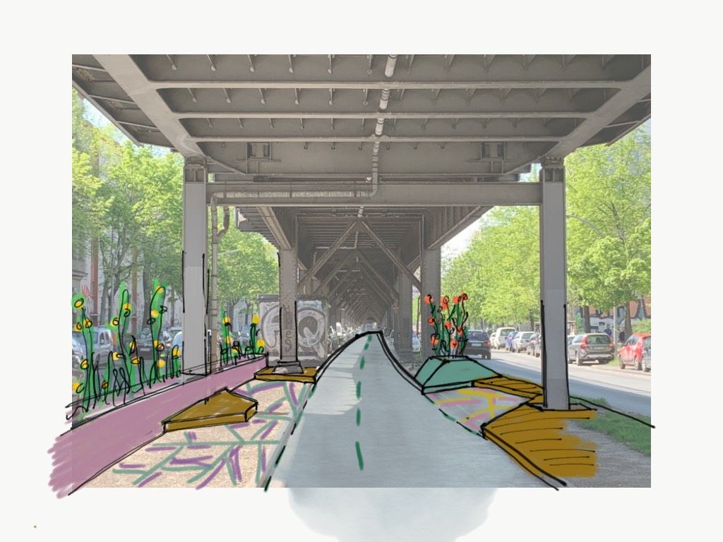 Skizze, die aufzeigt wie der Raum unter dem Viadukt aussehen könnte: Sitzgelegenheiten am Rand sowie Pflanzenkübel mit Grün.