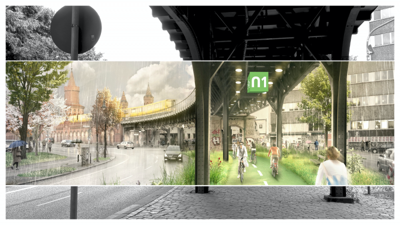 Das Bild zeigt den Ist-Zustand des Viadukts auf Höhe des Schlesischen Tors. Inmitten des Bildes ist die Radbahn-Vision grafisch eingearbeitet worden von einem Radweg auf dem Menschen geschützt  Fahrradfahren, während es links und rechts neben dem Viadukt in Strömen regnet.