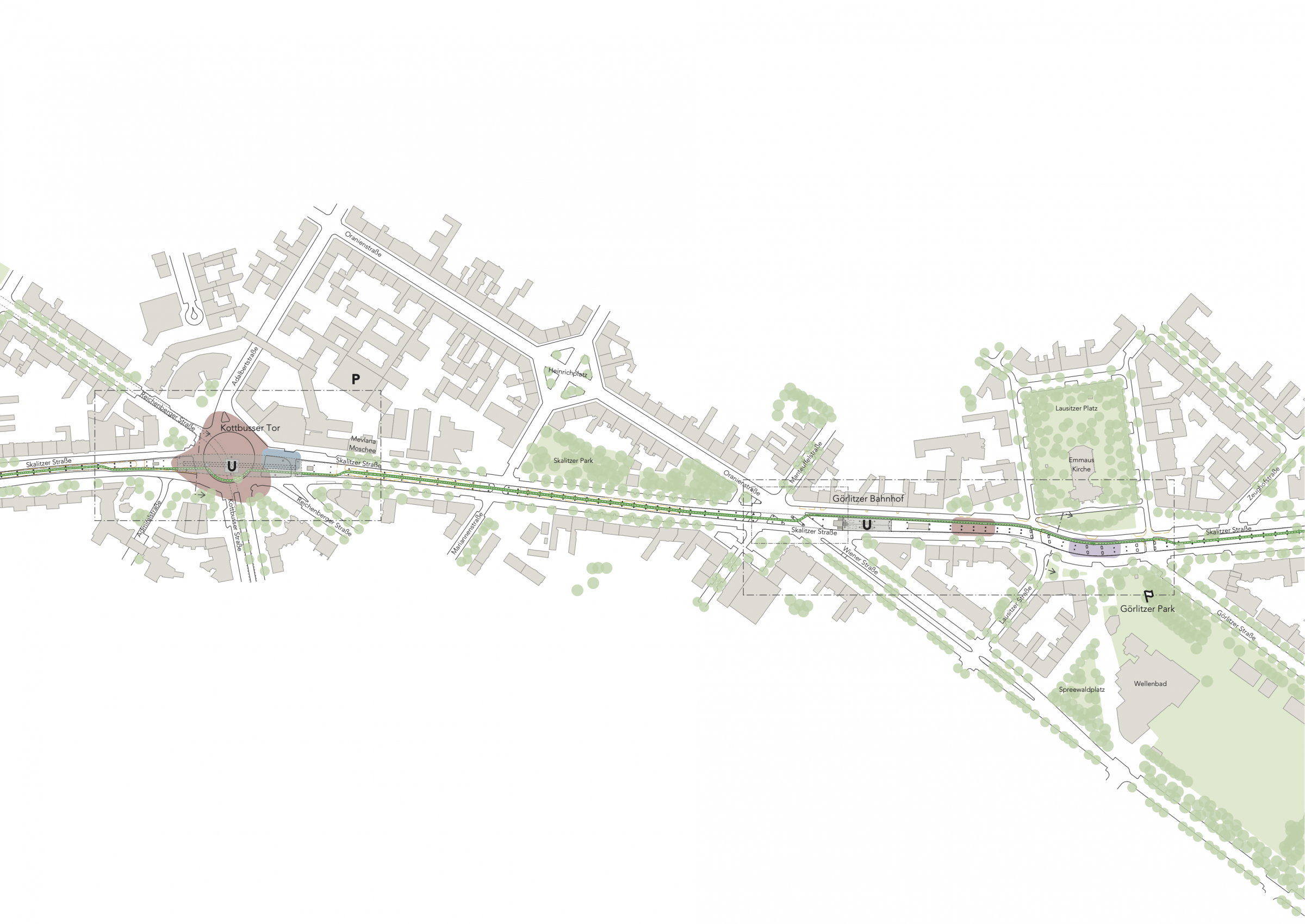 Stadtplan, der in Vogelperspektive den Bereich der Radbahn vom Kottbusser Tor zum Görlitzer Bahnhof zeigt. Hier wird sich das zukünftige Testfeld verorten.