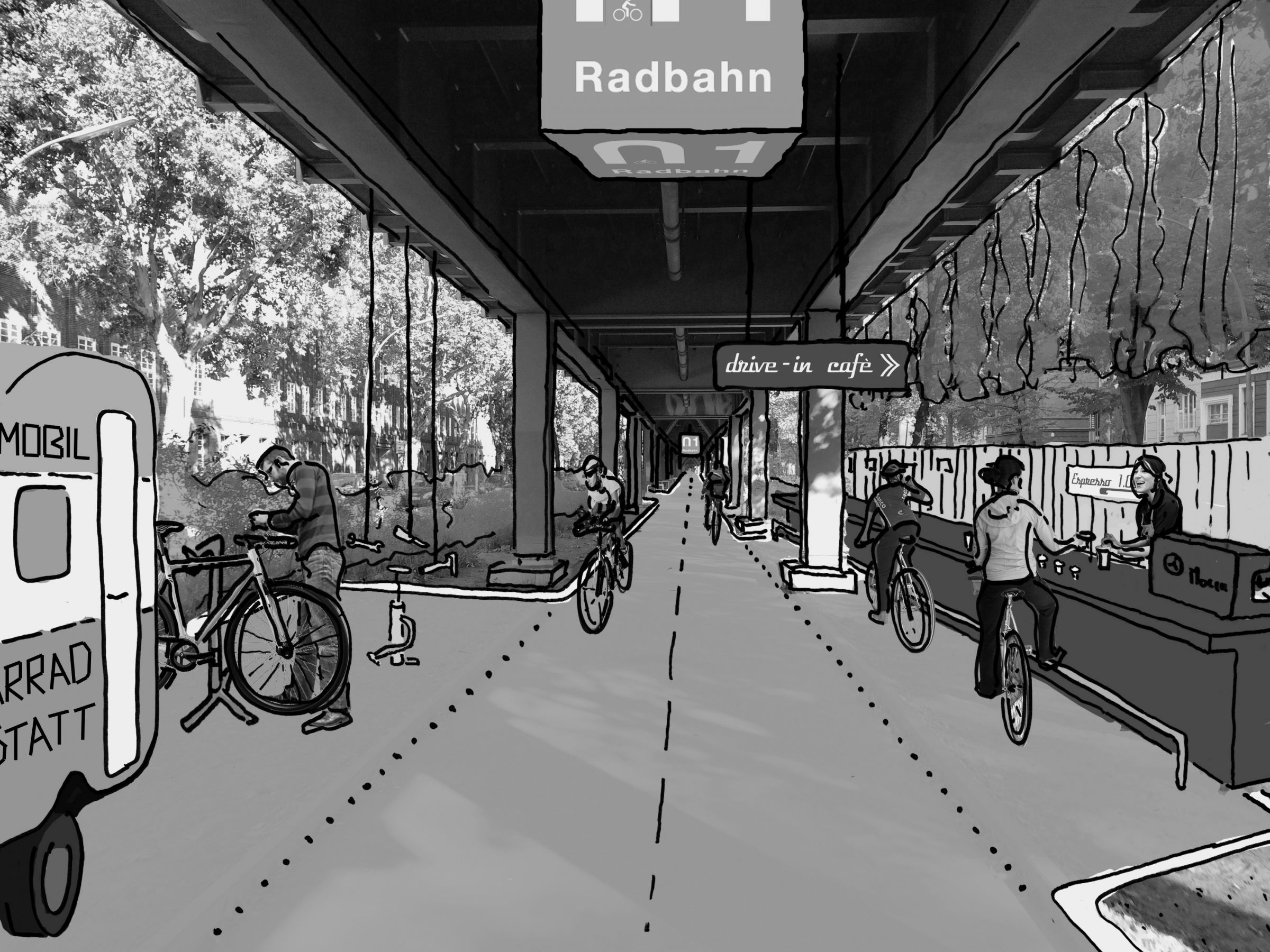 Handskizze davon, wie das Testfeld des Reallabor Radbahn aussehen könnte. Auf dem Bild ist neben dem Radweg in Mittellage eine mobile Fsahrradwerkstatt zu sehen, an der ein mann sein Fahrrad pflegt, und außerdem ein Drive-In-Café, wo sich Fahrradfahrende mit einem Getränk versorgen, ohne vom Fahrrad absteigen zu müssen.