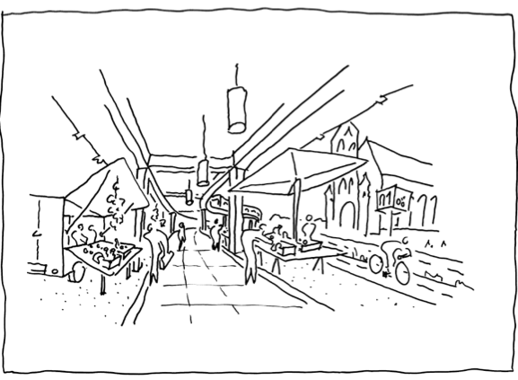 Handskizze einer Marktsituation mit vielen Ständen unter dem hochbahn-Viadukt. An der Seite rauscht ein Fahrradfahrender vorbei.